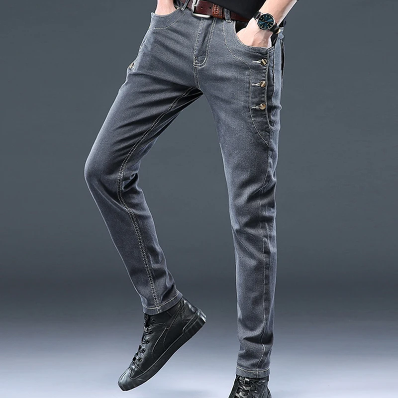 Casual Pants Slim Small Leg Long Men Denim Jeans Korean Version Trendy New Brand High Quality Grey Stretch Fashion Trousers 4