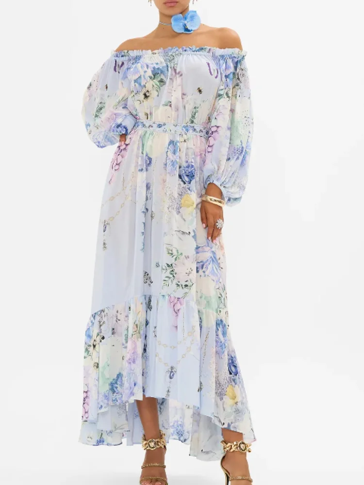 

Women 100% Silk Beaded High Waist Flower Printed Slash Neck Long Sleeve Elegant Maxi Dress