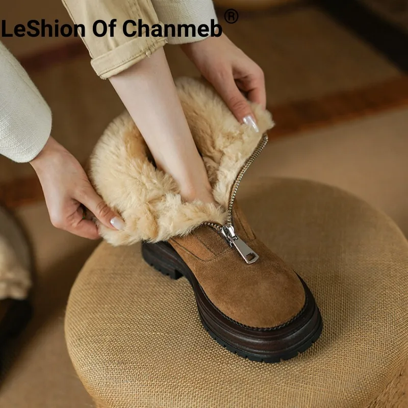 

LeShion Of Chanmeb Women Sheep Wool Fur Snow Boots Chunky Heels Platform Front Zipper Ankle Boots Winter Thermal Warm Goth Shoes