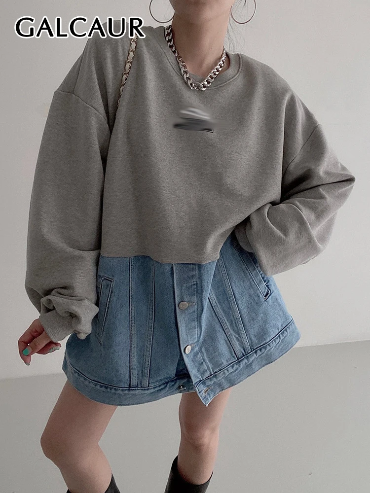 

GALCAUR Minimalist Colorblock Sweatershirts For Women Round Neck Long Sleeve Korean Patchwork Denim Pullover Sweatershirt Female