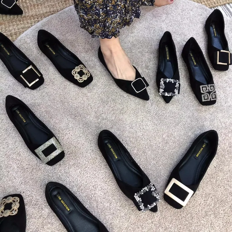 Pointed Flat Shoes for Women's Spring Summer New Shallow Cut  Suede Soft Sole Black Women's Shoes Ladies Large Size 44 3