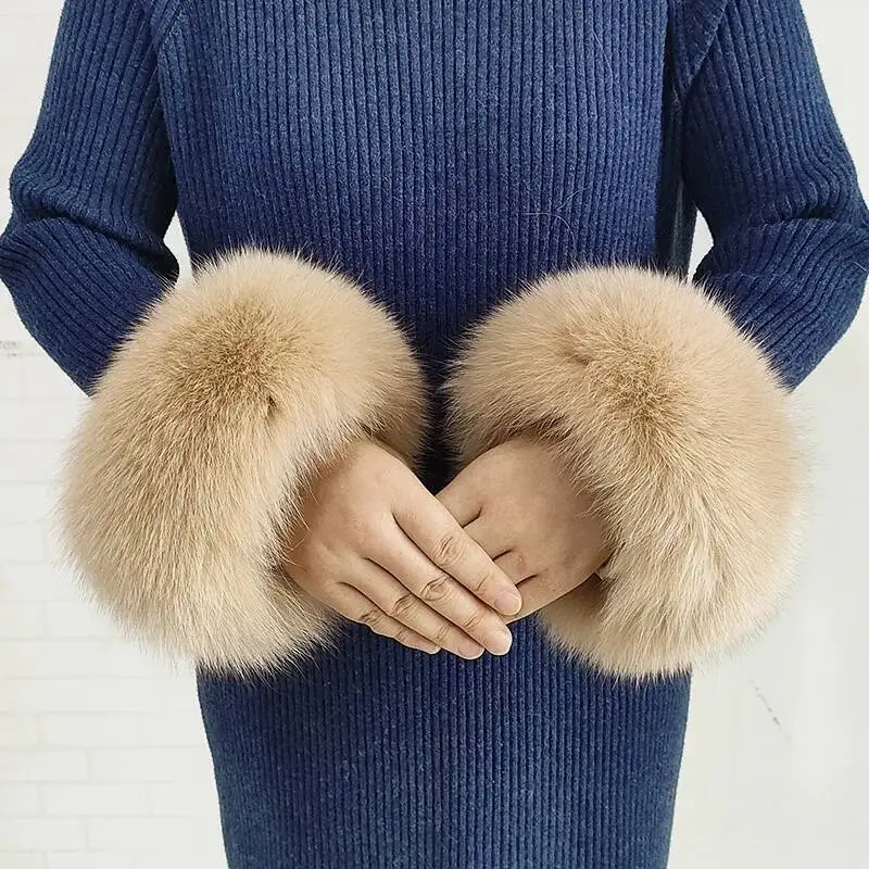 100% Real Fox Fur Cuffs Winter Wrist Warm Oversleeve Women Fox Gloves Wristband