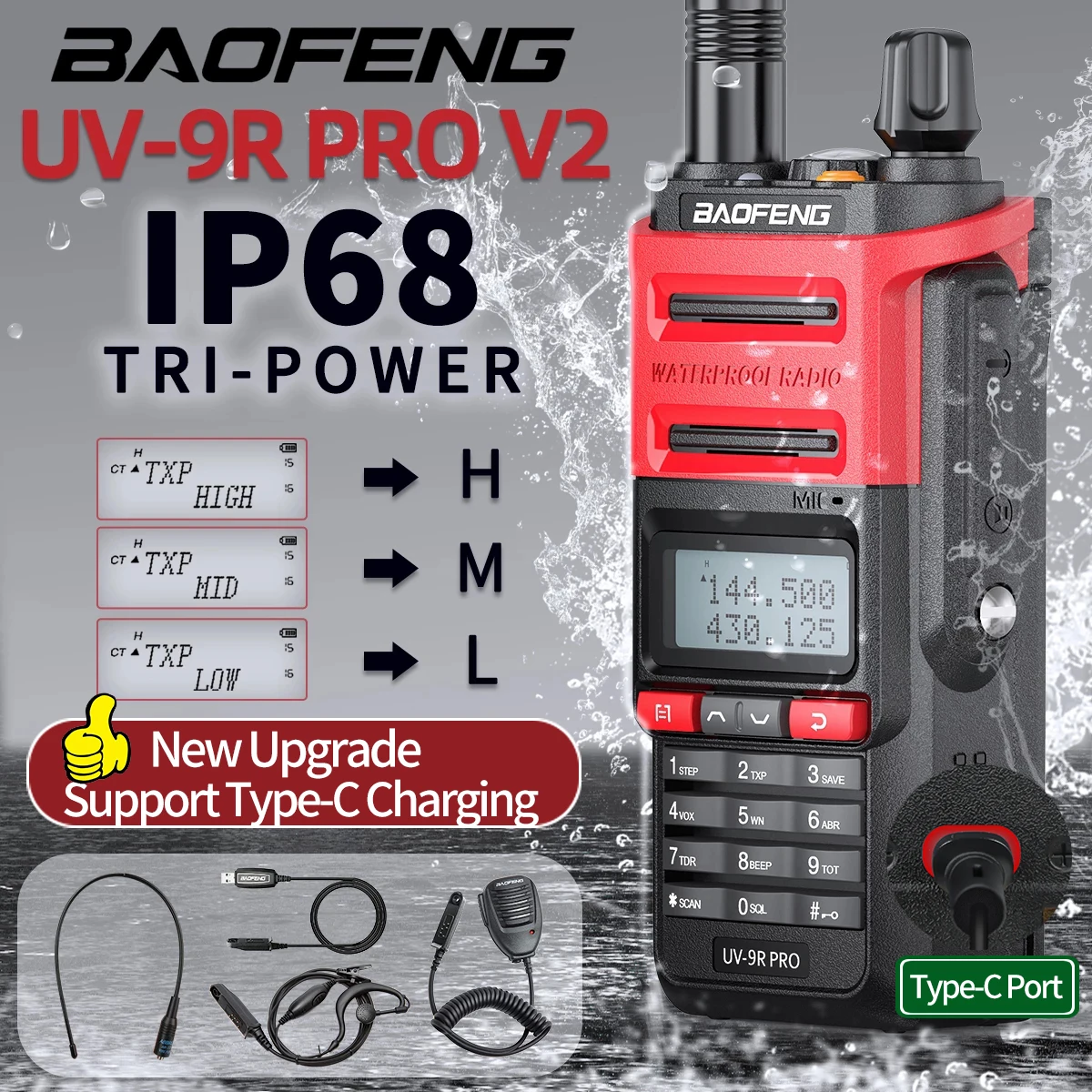 x Baofeng UV-9R Plus 8W Ham Radio Handheld Dustproof & Waterproof IP67 Dual  Band Two Way Radio Walkie Talkie with 2Pack Battery,771 Antenna and