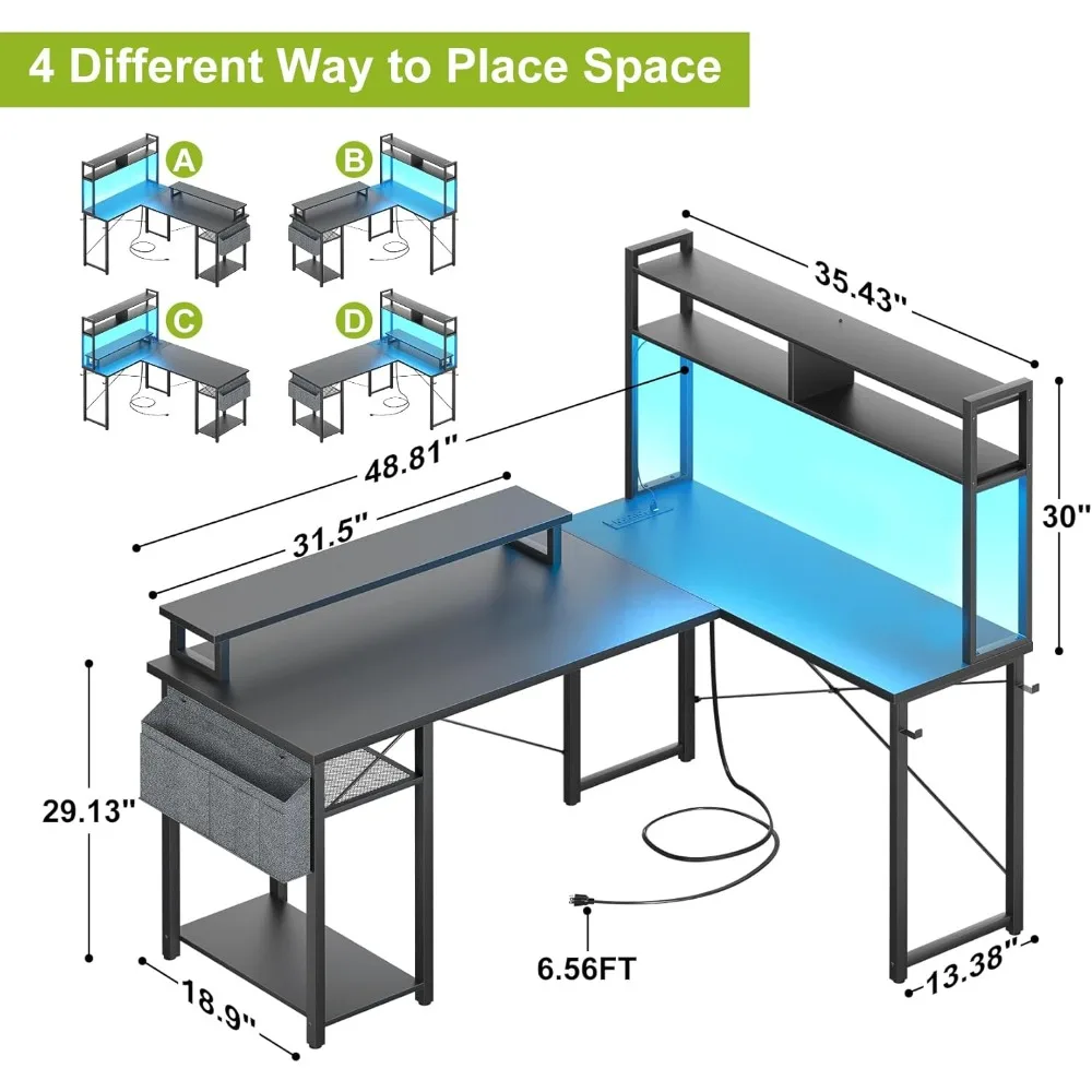 48" L-Shaped Gaming Desk with LED Lights, Power Outlets & Storage - Reversible Corner Desk for Home Office