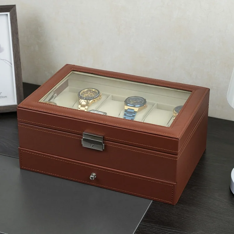 12-Slot PU Leather Lockable Watch Storage Box with Two-Tier Organizer, Secure Jewelry D... - SKU LWSB1516 - UGI Packaging