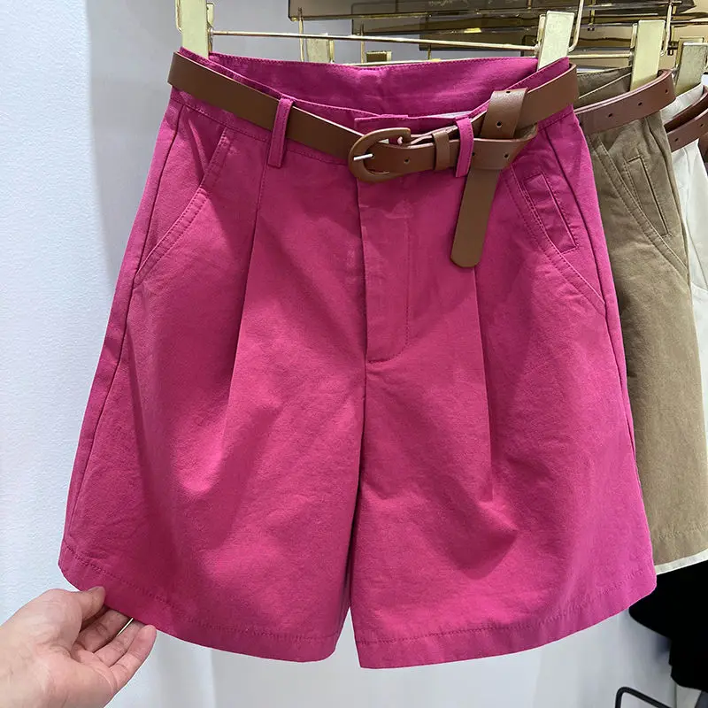 Women's Denim Shorts High Waist Short With Belt Blue Red Khaki Casual Cotton Solid Loose Casual Bermuda Summer Shorts For Women