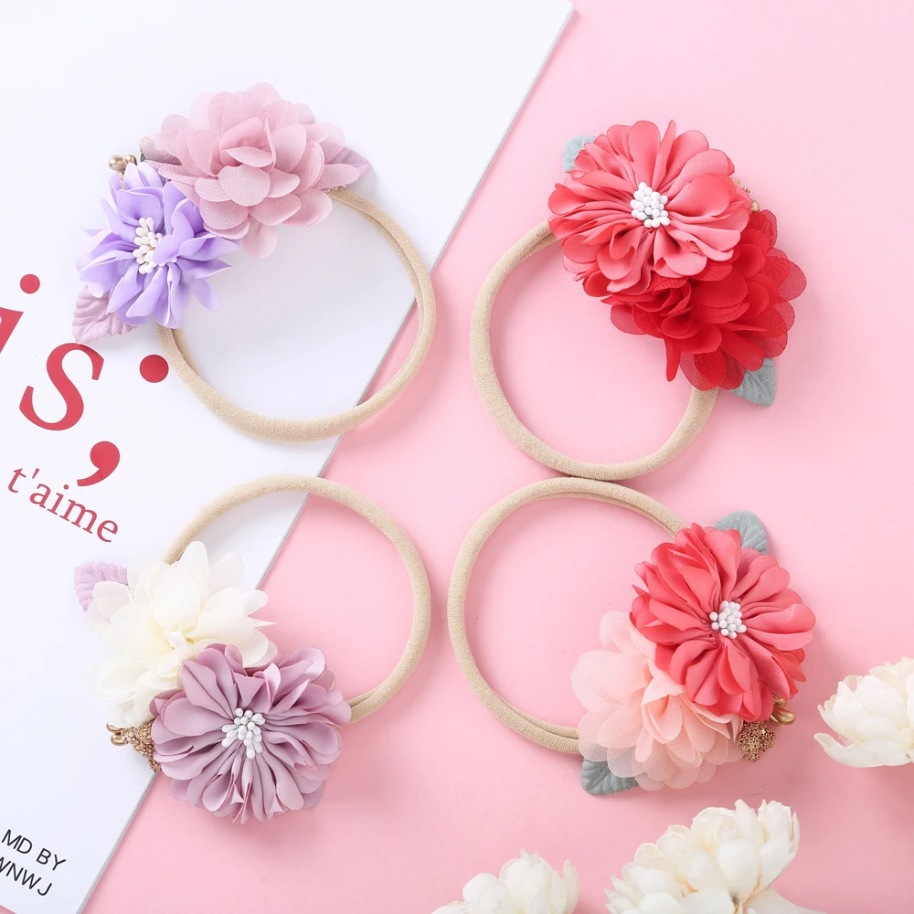 Baby Girl Double Flowers Headband Stretchy Skinny Elastic Super Soft Nylon Head Band Children's Accessories Toddler Kids Items baby girl headband flowers hair bands wool yarn children stretchy hairband for toddler thin nylon princess accessories korean