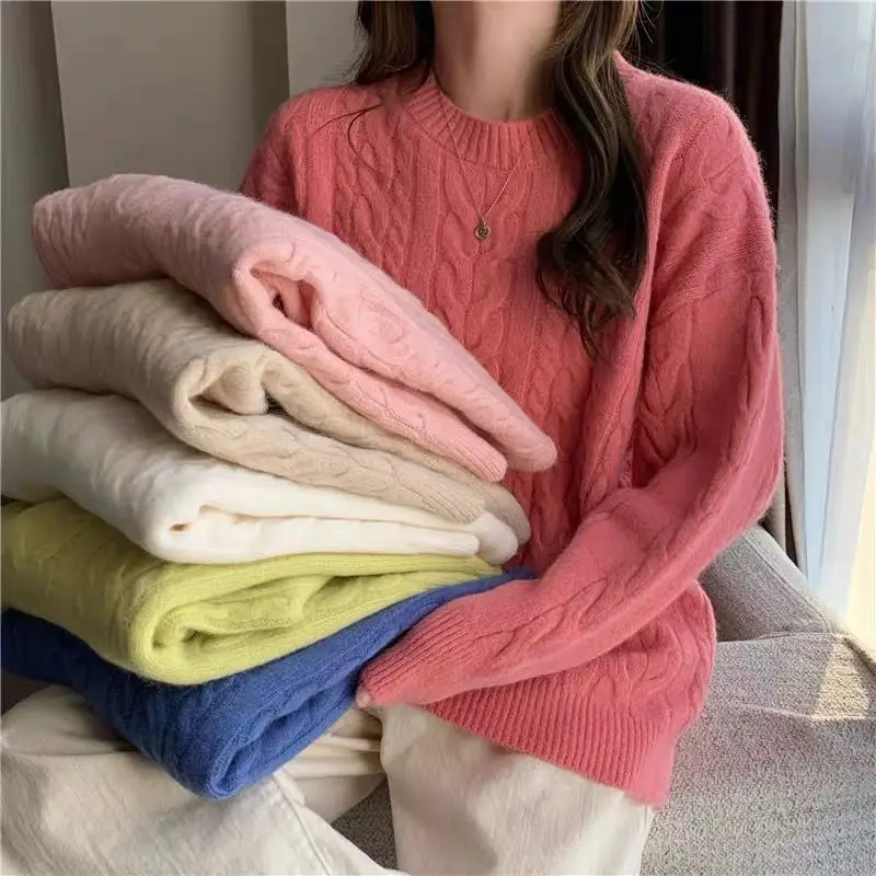 

Women Autumn and Winter 2023 New Twist Sweater Loose Korean Lazy Knit Bottoming Shirt Joker Explosions Pullover Round Collar