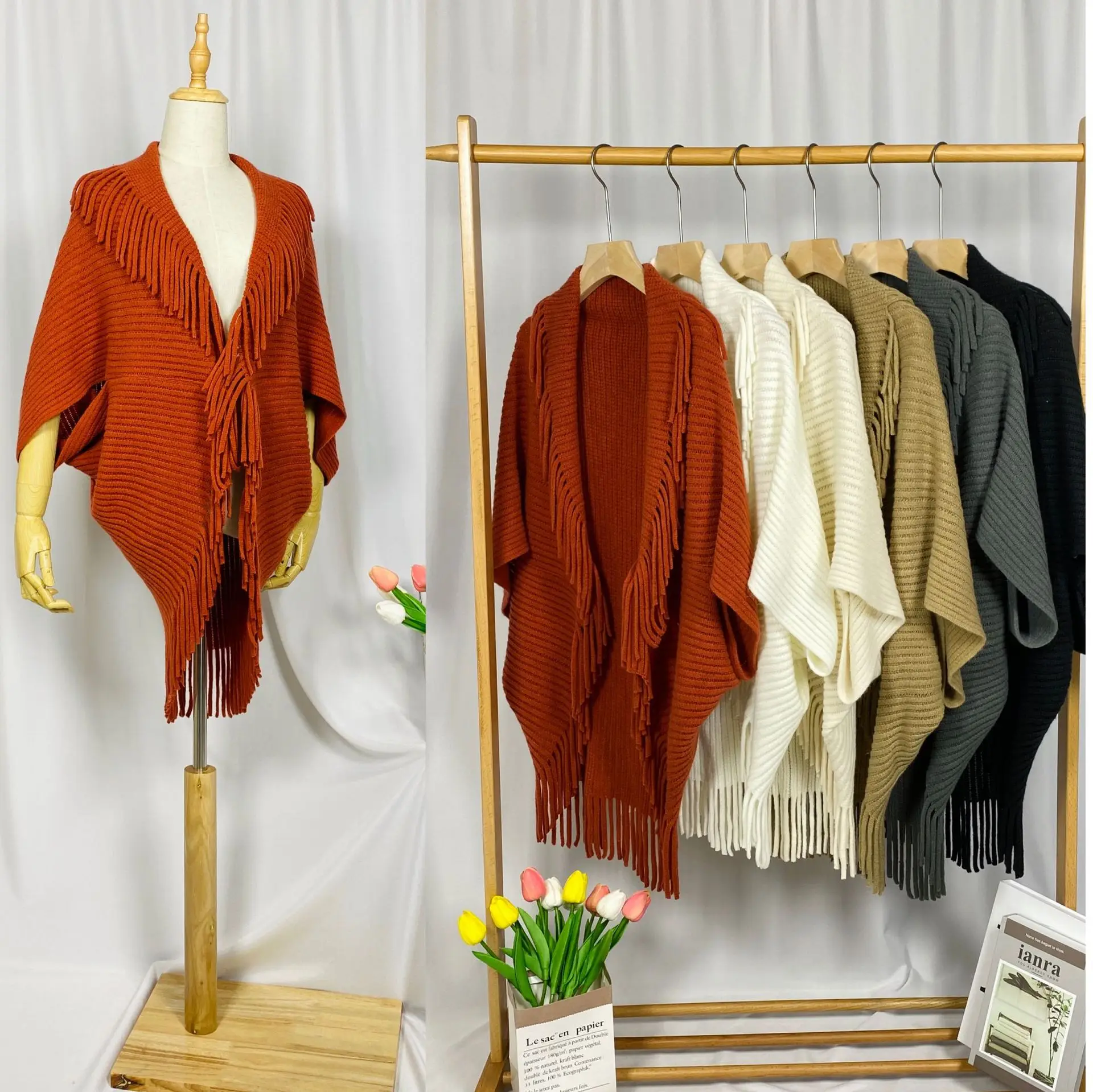 

MUHUIZI Women's Fashion Tassel Shawl Tops Autumn Winter Warm Korean All-match Knitted Loose Ponchos Female Clothing Scarf Capes