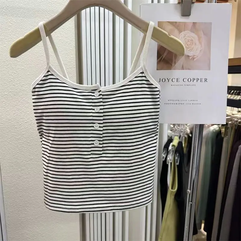 White Stripe Slim Fit Cami Top with Chest Pad