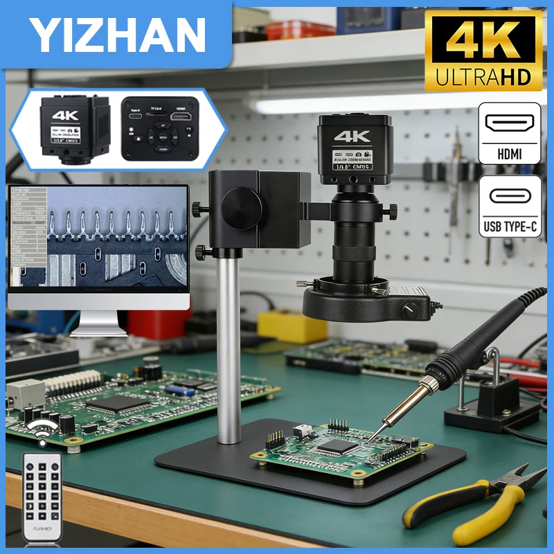 납땜용 YIZHAN UHD 4K 디지털 현미경 IMX678 1080P@60FPS HDMI USB 카메라 130X 조정 가능한 렌즈 PCB 수리용 소형 베이스