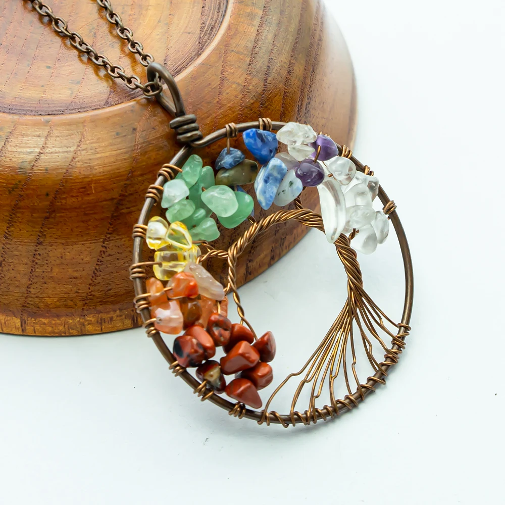 Natural Crystal Stone Tree of Life Pendant Necklace 7 Chakra Quartz Amethyst Necklace Pendant Wedding Jewelry for Women pendant necklace