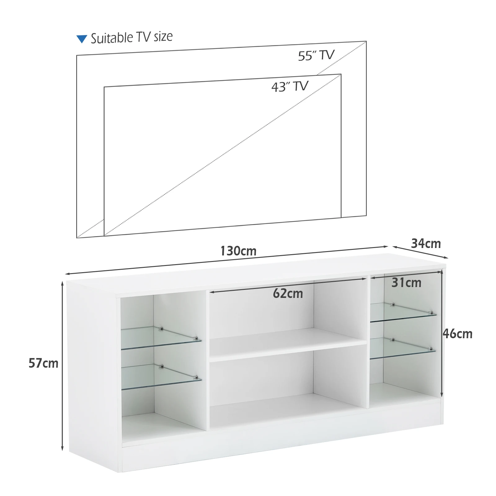 High Gloss White TV Cabinet with LED Lighting TV Cabinet TV Table with Glass Shelf Living Room Furniture Table Board - Image 6