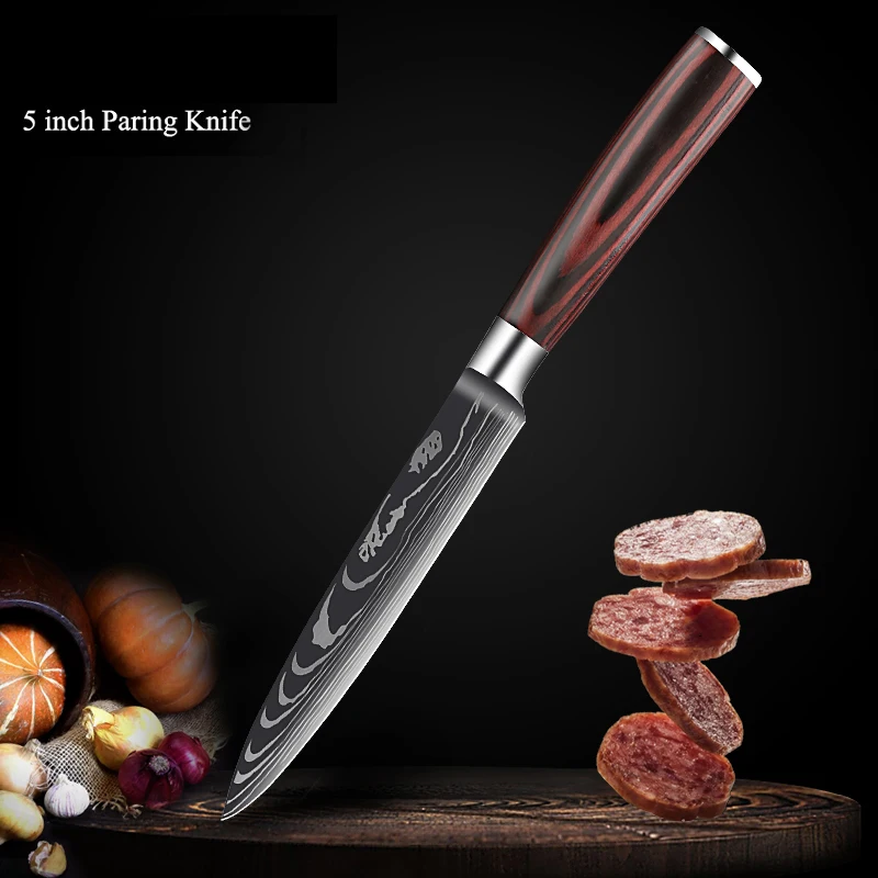 Chef Knife Set 7CR17MOV Stainless Steel Laser Damascus Pattern Japanese Kitchen Cleaver Utility Slicing Santoku Knife with Cover 