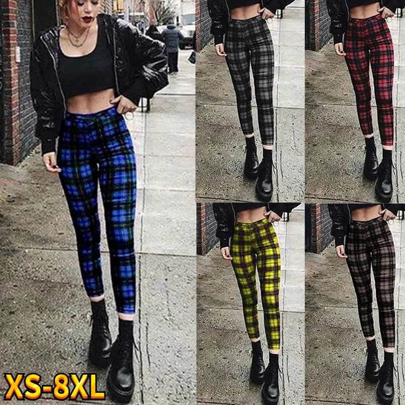New Fashion Women's Sexy High Waist Plaid Slim Pencil Jeans Casual Skinny Leggings Pants   XS-8XL