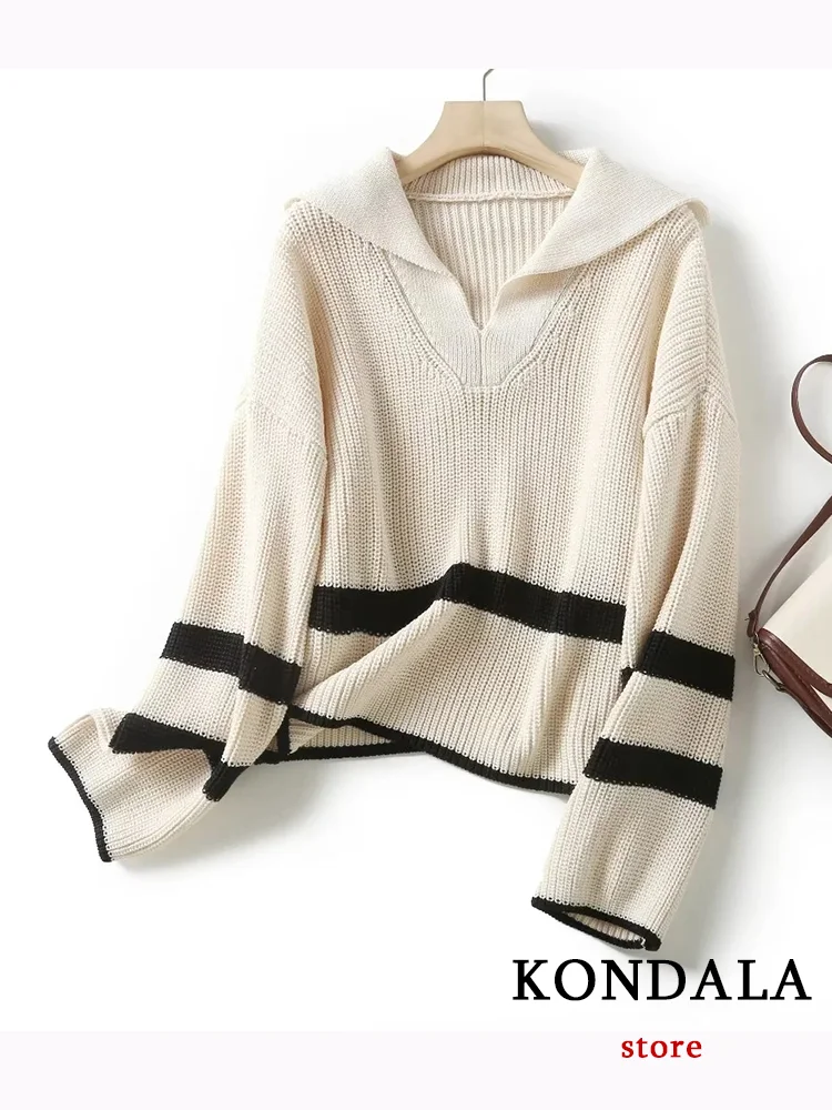 

Повседневный женский свитер-поло KONDALA, свободные пуловеры в полоску с v-образным вырезом и длинным рукавом, новая мода 2023, осенние женские топы для офиса