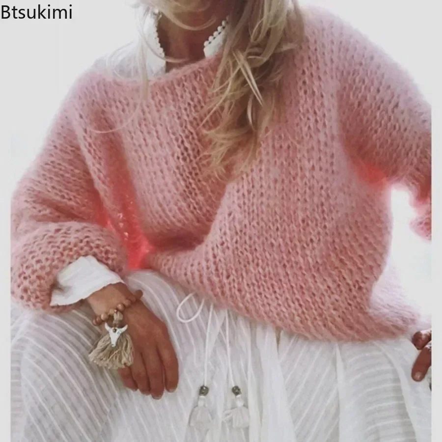 

2024 Women's Lantern Long Sleeve Knitted Sweater Fluffy Fuzzy Mohair Pullover Top Chunky Knit Solid Oversized Loose Jumper Tops