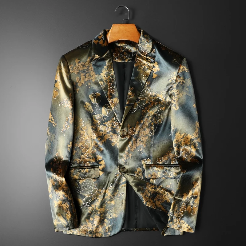 Blazers Suit Jacket Men Vintage Flower Velvet Casual Slim Fit Business Social Office