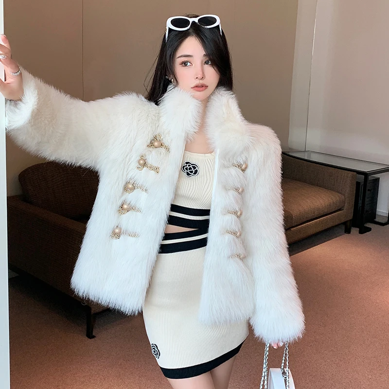 Faux Fur Women Coat 2023 Winter Fashion Double Breast Thick Warm Long Sleeves Stand Collar Korean Lady New Faux Fur Coats