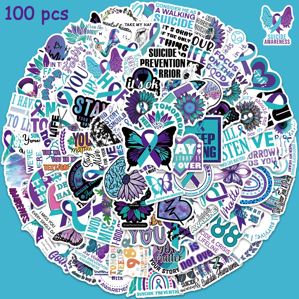 50/100pcs Suicide Awareness Stickers Teal Purple Ribbon Suicide Prevention Decals For Laptop Luggage Scrapbook Bottle Sticker