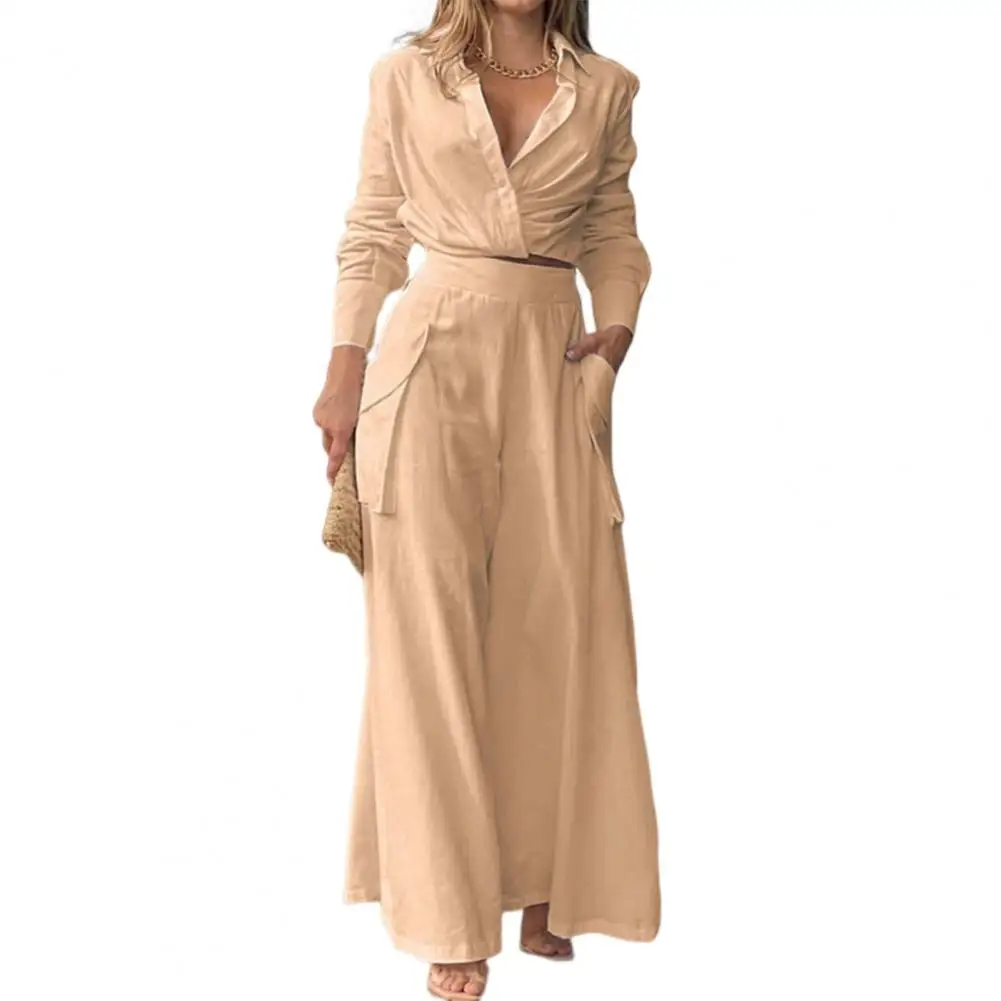 

Solid Color Long Sleeve Top Loose 2024 Autumn Winter 2pcs Women's Clothing Pockets Wide Leg Pants Suit