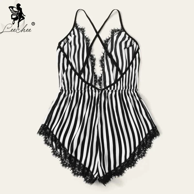 Leechee Sexy Striped Pajamas Women Deep V Home Clothes Bodysuit Sleepwear Comfortable Backless Lace Splice Body Shorts Nightwear