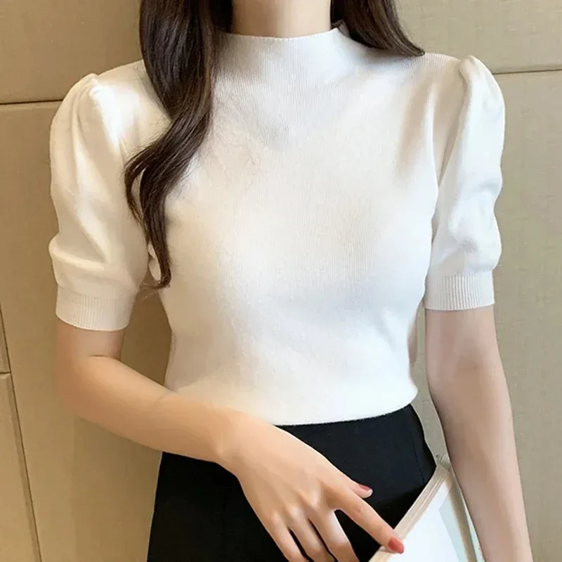 Women's Korean Puff Sleeve Knitted Blouse, Half Turtleneck, Slim Tank Tops, Casual Shirt, Summer Fashion, 2024 New, 18848