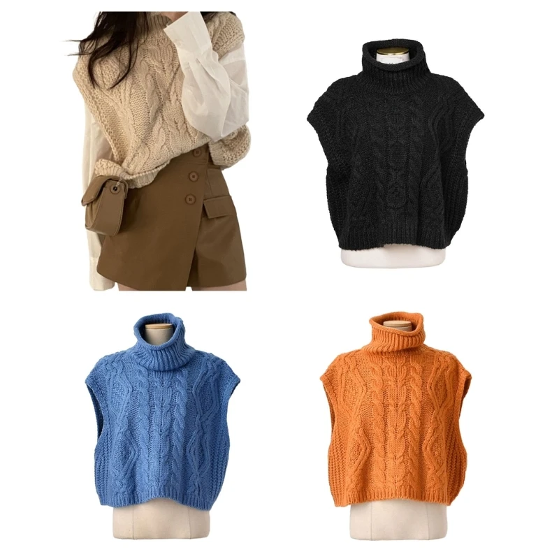 

Winter Fall Loose Sweater Vest for Women Sleeveless Turtleneck Twist Cable Knit Pullover Top Solid Color Knitwear