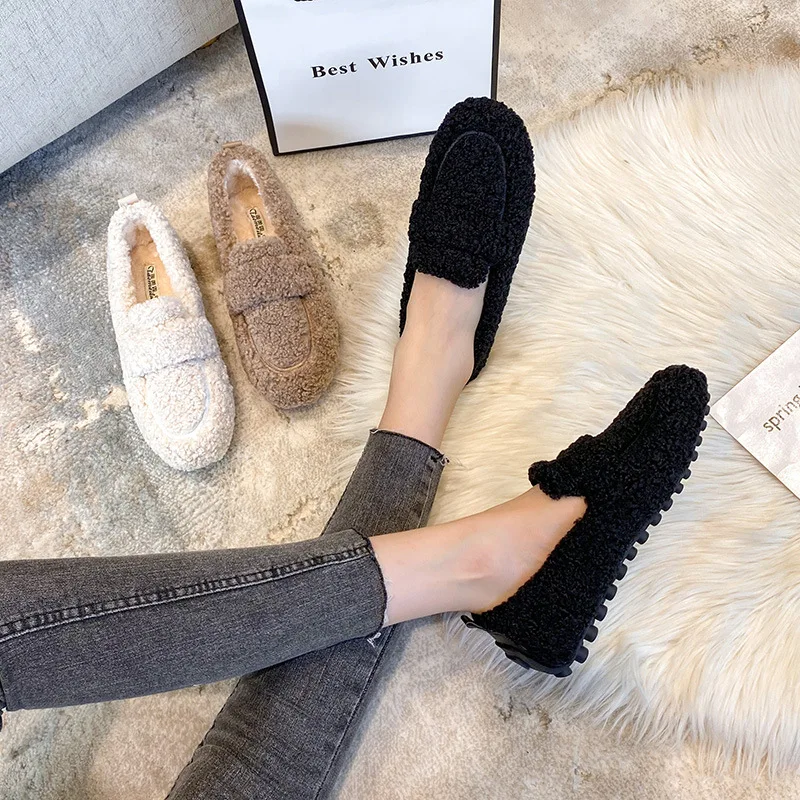 Fur Loafers Ladies Shoes Black Flats Vintage Shoes Women Fashion Womens Comfort Slip On Feminino Schoenen Dames Sepatu