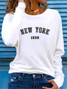 New York Print Women Long Sleeve T-shirt Casual Loose Crew Neck White T-Shirt 2024 Autumn Every Day Female Soft Bottom T-shirt