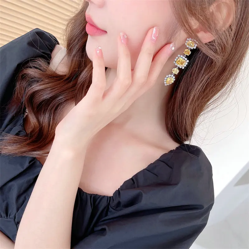 Shining Cubic Zirconia Long Elegant Temperament Eardrop For Girls Geometric Zircon Luxury Brand Jewelry 925 Silver Needle Earing