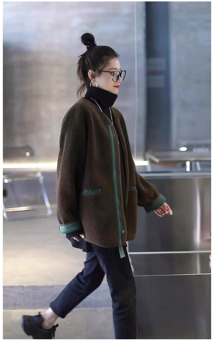 Simple Winter New Loose Synthetic Fur One Piece Lamb Plush Coat Thickened Zipper Mid length Contrast Motorcycle Coat