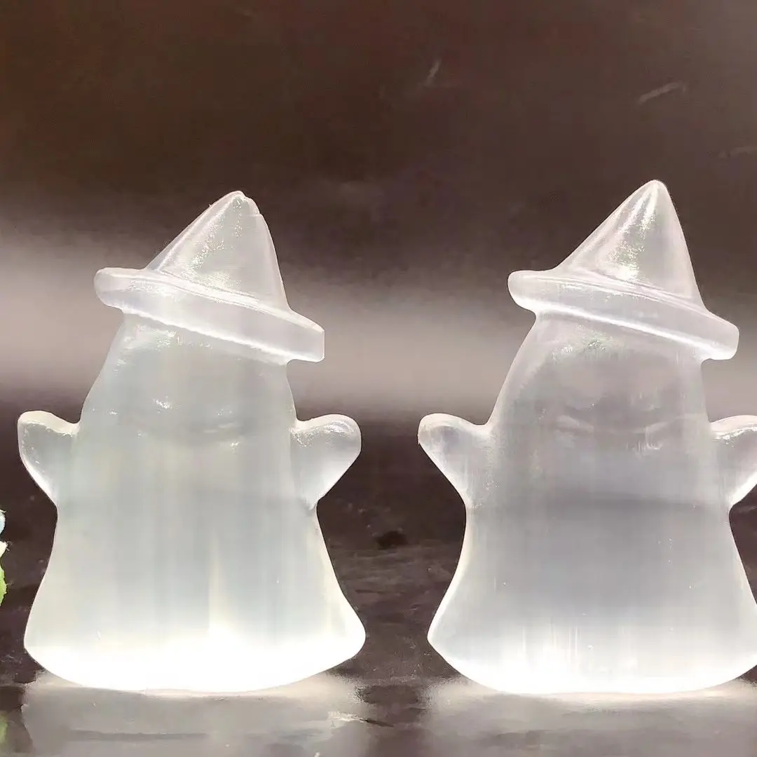 7Cm Halloween Hat Ghost Natural Selenite Crystal Stone Carving Gargoyle Crafts Desk Ornament Decoration Home Bar