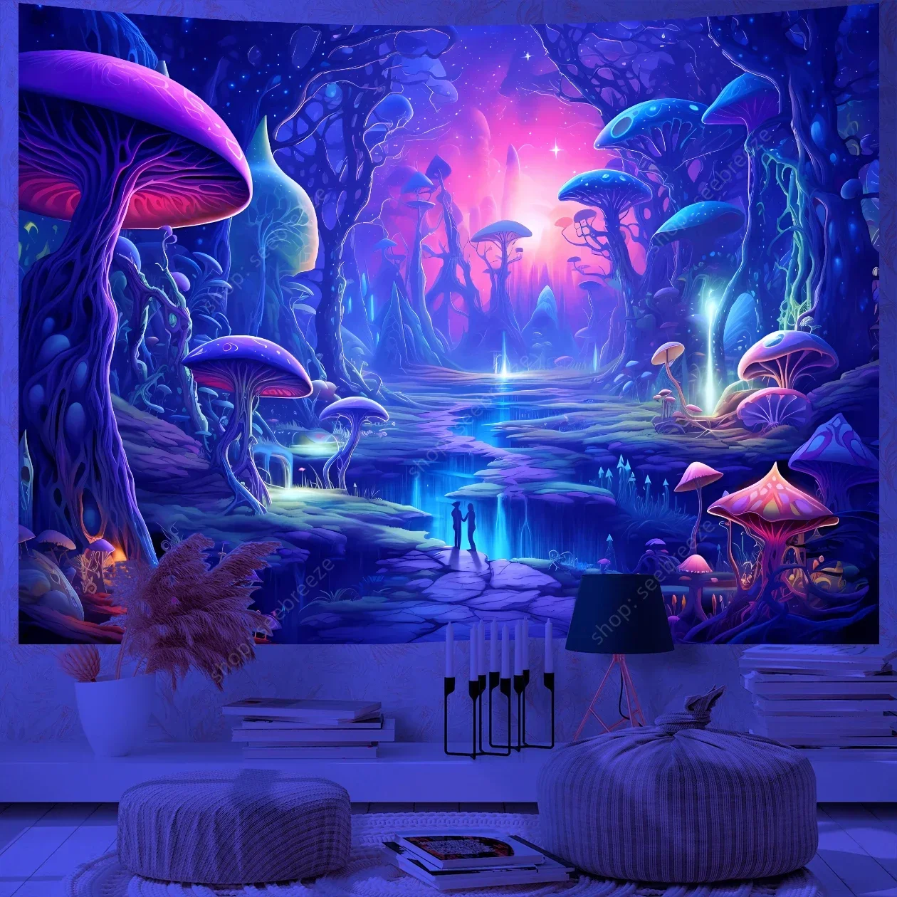 Tapestry Decor Fantasy Mushroom UV Reactive Floral Wall Hanging