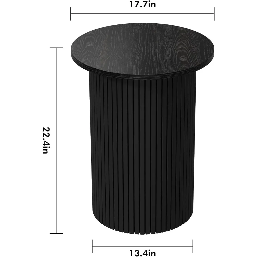 Round Fluted End Table, Small Accent Pedestal Side Table, Wood Fluted Nightstand Bedside Table for Living Room, Handcrafted Fin 3