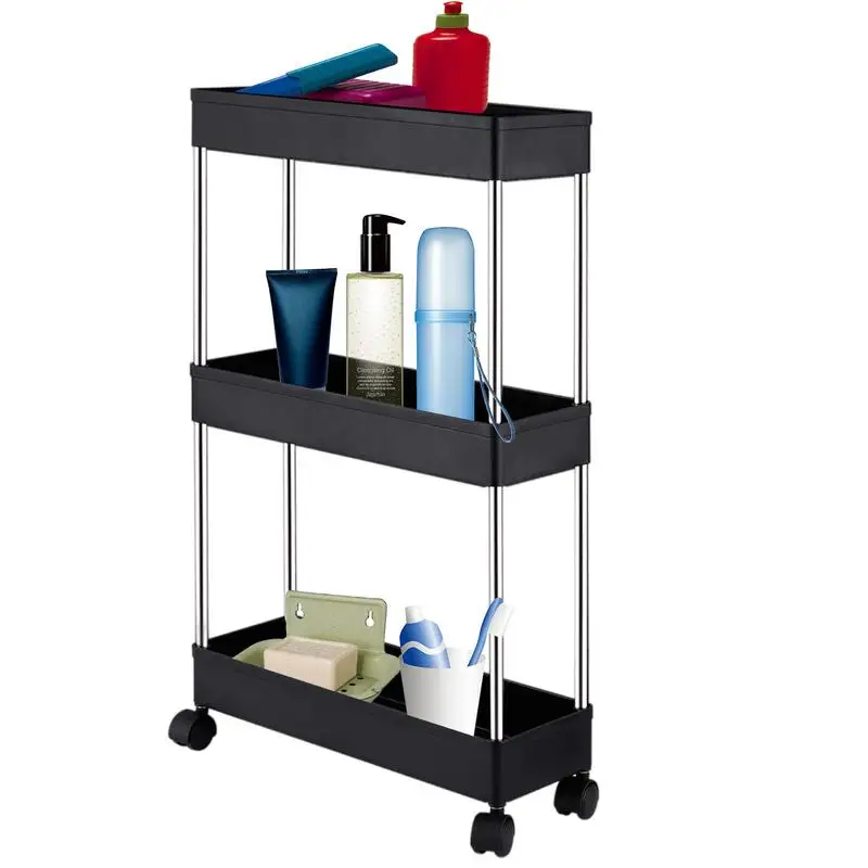 

3-Tier Thin Storage Cart 3-Tier Slim Rolling Cart Narrow Storage Shelves On Wheels Slide Out Organizer For Narrow Places Easy