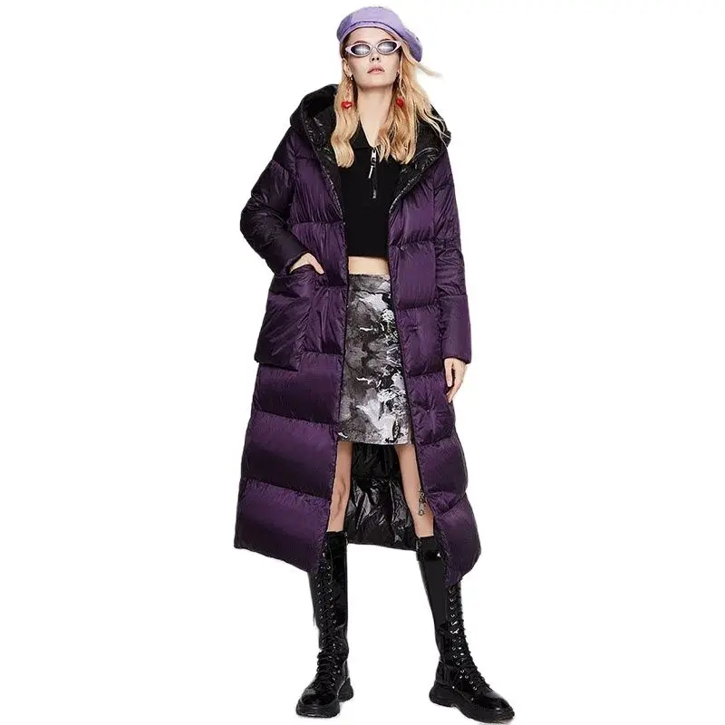 

Winter New Fashion Long White EiderDown Loose Down Jacket European And American Women Hooded Warm Profile Pocket Jacket Women's