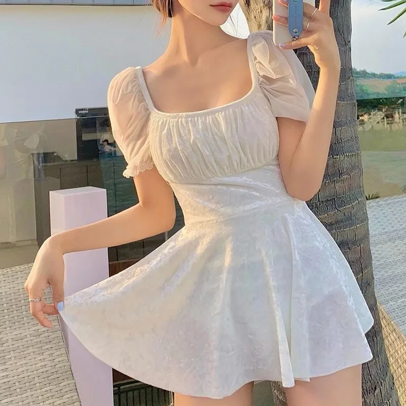 Korean Sister The Goddess Of Pure White Conservative Conjoined Backless Dress Swimsuit Female Type Hot Spring Holiday
