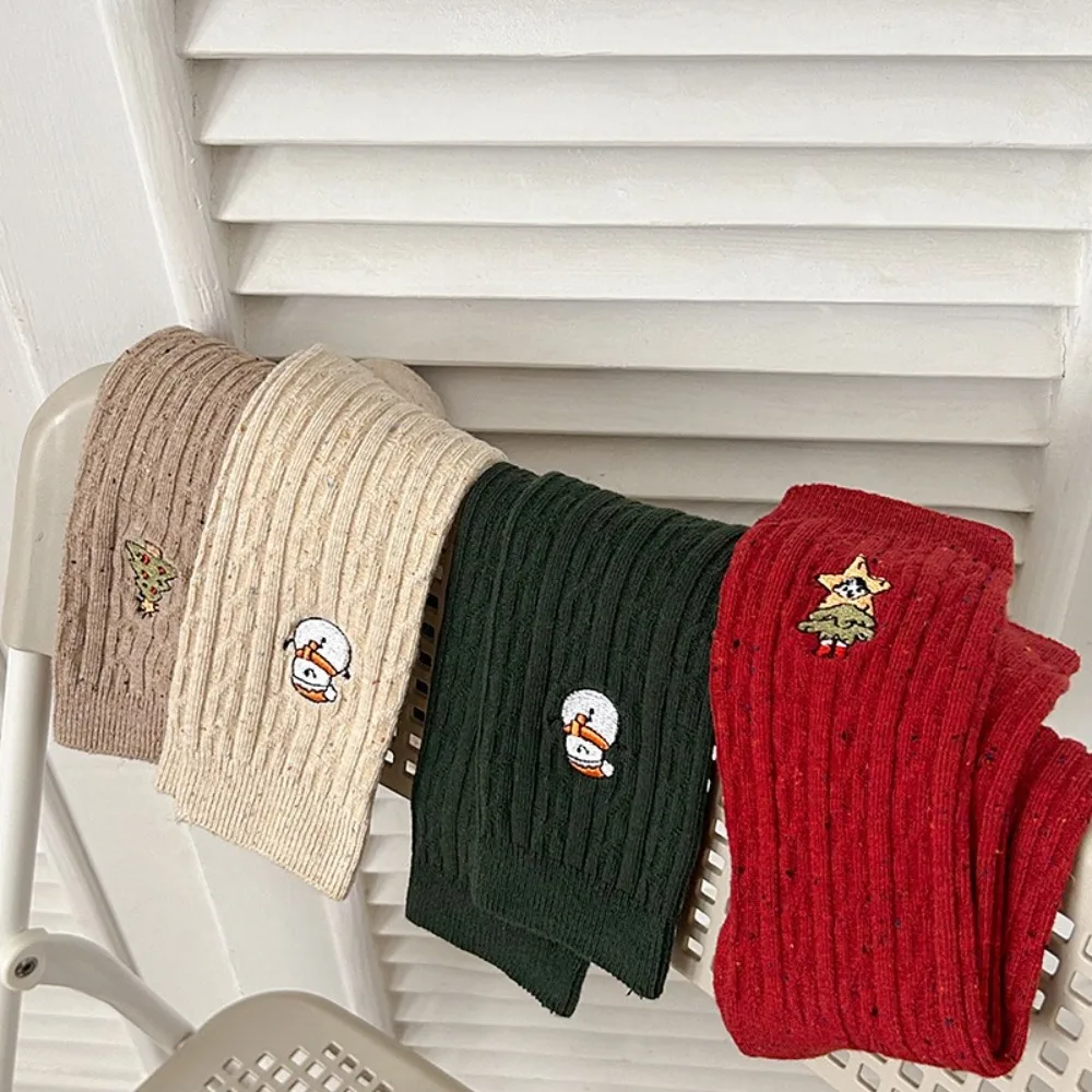 Cotton Christmas Socks for Women with Snowman Embroidery