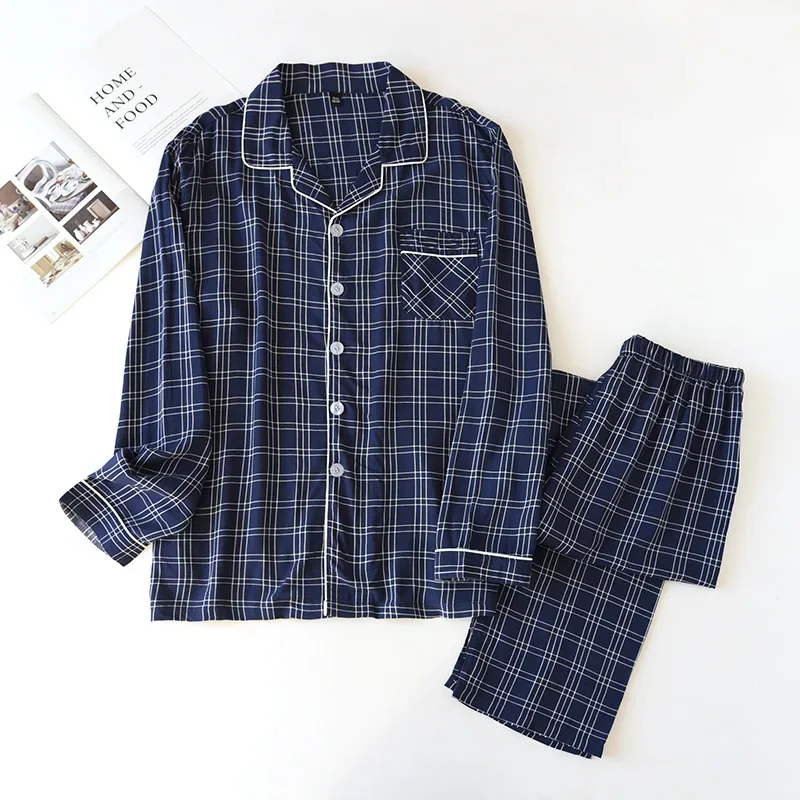 New spring and autumn men's 100% viscose pajamas long-sleeved trousers summer thin cotton plaid home service two-piece suit men