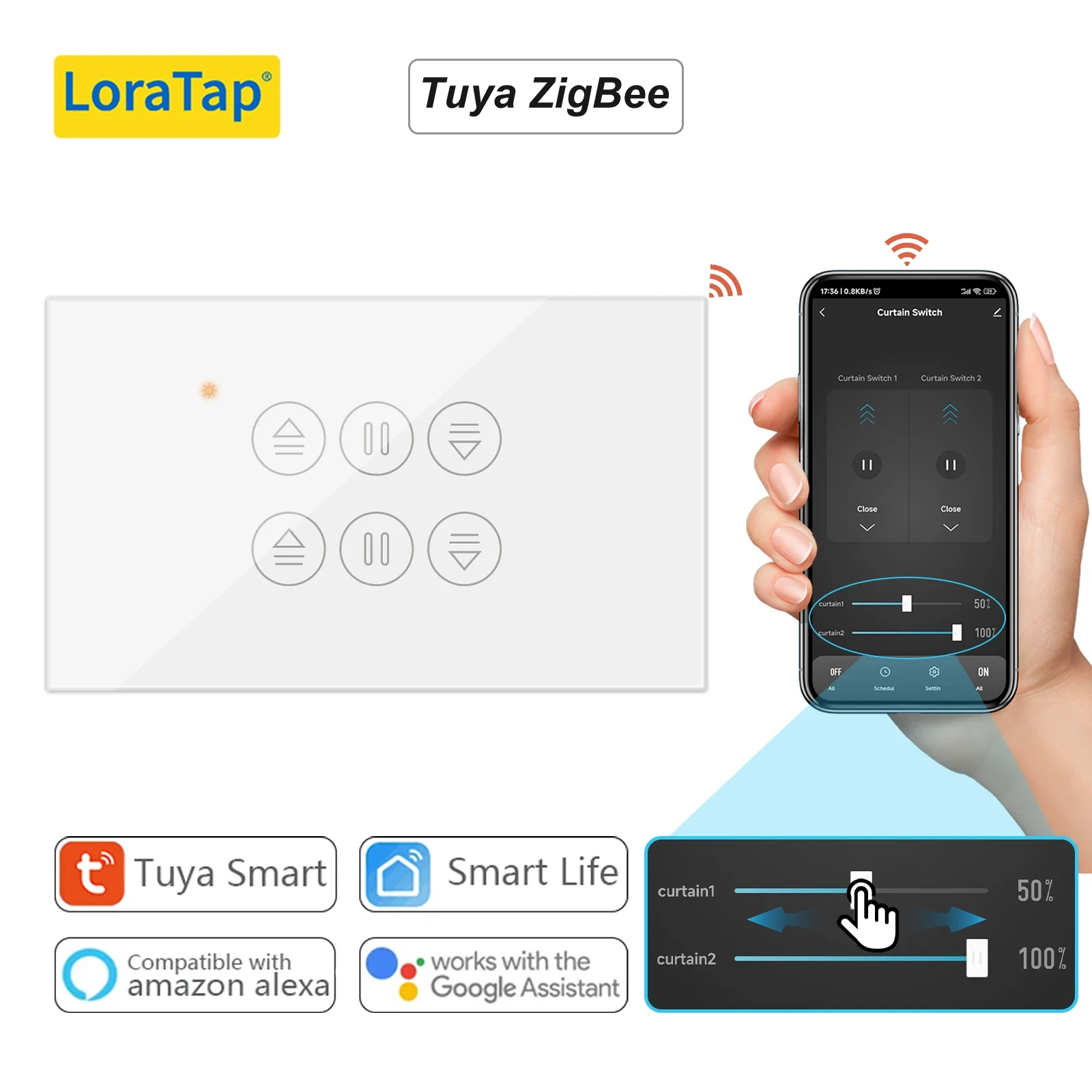 Loratap Tuya Zigbee 3.0 Eua Interruptor Cortina Dupla para Percentagem Tubular Motor Google Alexa Controle de Voz Home Assistant Diy
