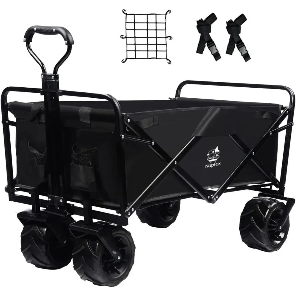 Collapsible Wagon Cart Heavy Duty Foldable Beach Cart W All-Terrain Wheels for Sand with Cargo Net, Straps, Utility Beach Wagon