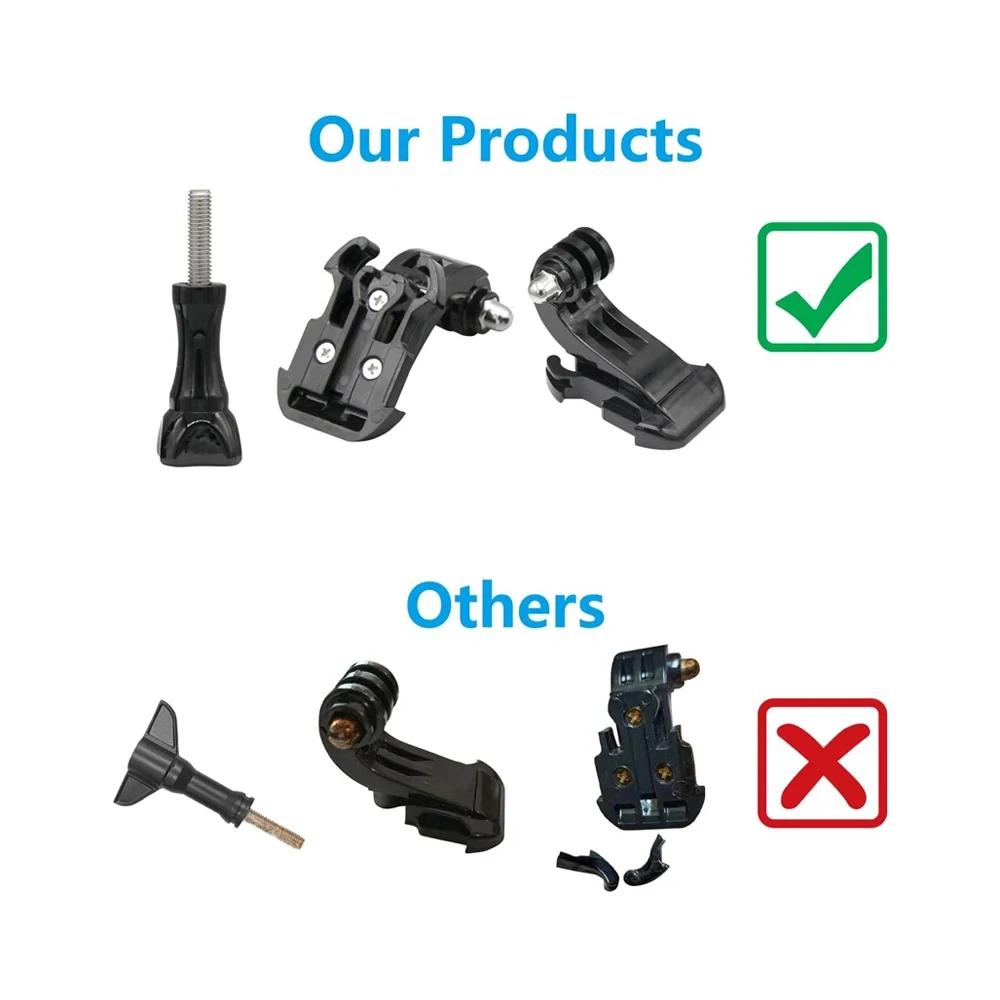 Vue détaillée des crochets J et de la base adhésive du lot de supports et accessoires pour GoPro.