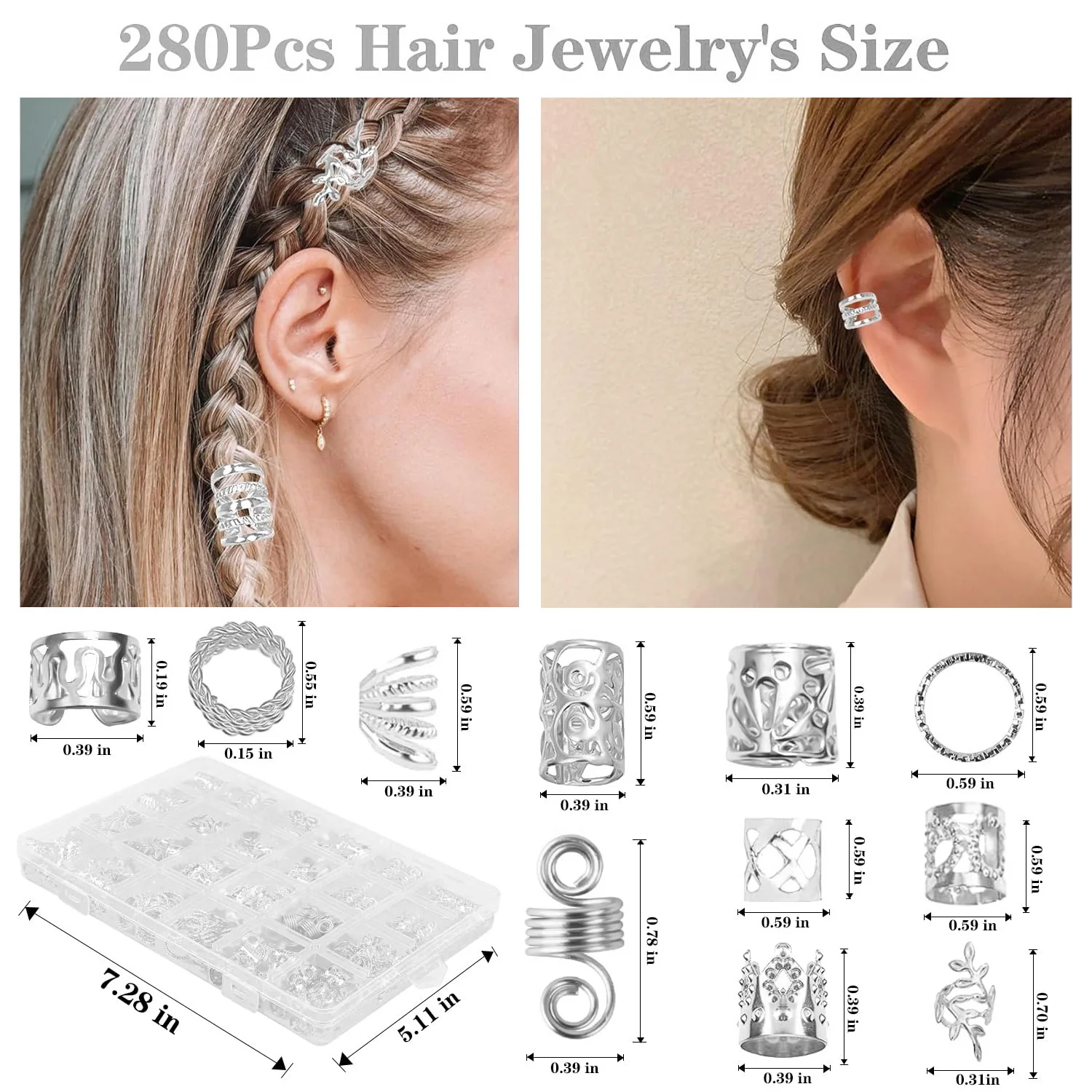290Pcs Silver Gold Hair Beads Jewelry Braid Accessories Hair Clips Dreadlocks Braiding Braid Cuffs Metal Hair Rings Charms 5