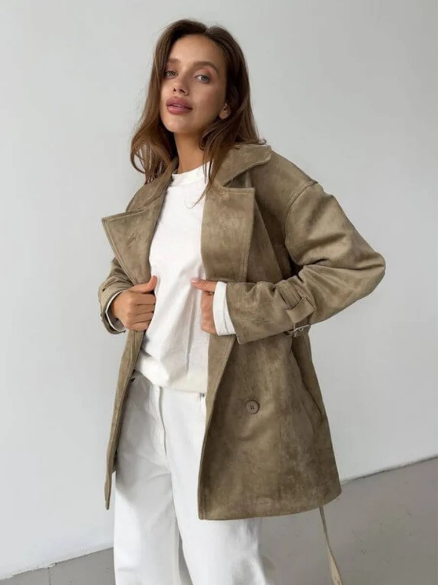 Bornladies Autumn Winter Women's Fashion Retro Jacket Suede Belted Waist Short Trench Coat New Lapel Jacket