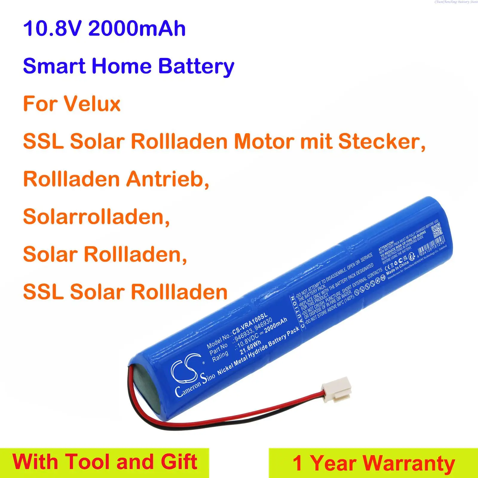 Cameron Sino 2000Mah Smart Home Batteria Per Velux Rolladen Antrieb, Solarrolload, Solar Rolladen, Motor Mit Stecker + Tool