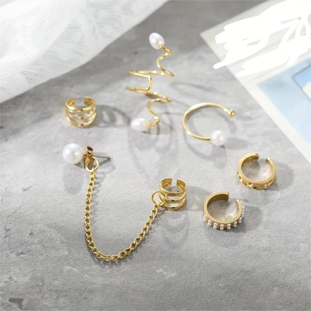 8PCS Creative Punk Style Earrings Set For Women, Faux Pearl Chain Ear Clips Bajoran Earrings And Ear Cuff Set