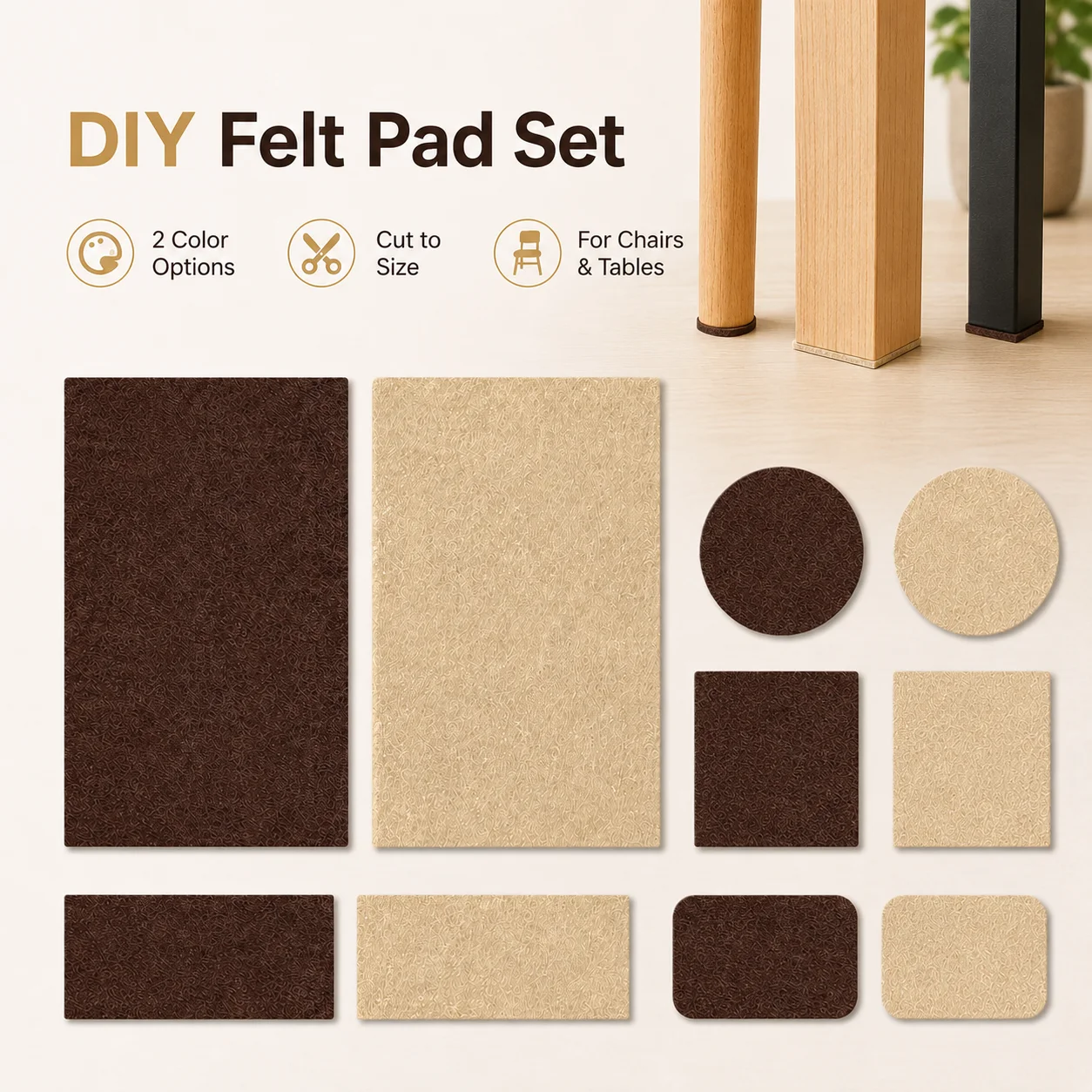 Customizable Felt Pad Sheet for Furniture Legs - DIY Cut-to-Fit Floor Protectors in Brown Beige