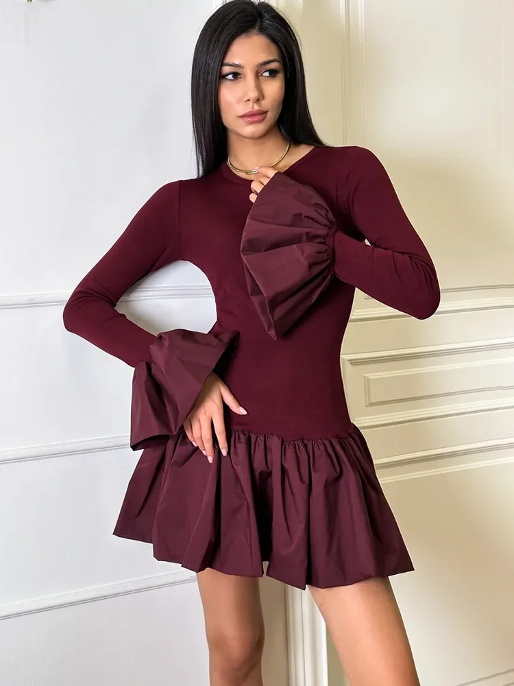 Angora Red Flare Sleeve Mini Dress For Women Fashion Splice Folds Autumn Winter Dress A-Line Sweet Bodycon Women Clothes