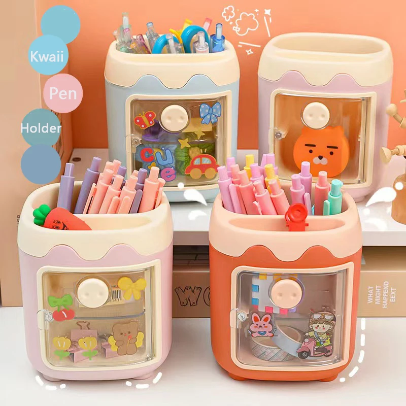 1PC Kawaii Pig Pen Pencil Pot Holder Brush Storage Container Desk Organizer Multifunction Stationery Office Supplies